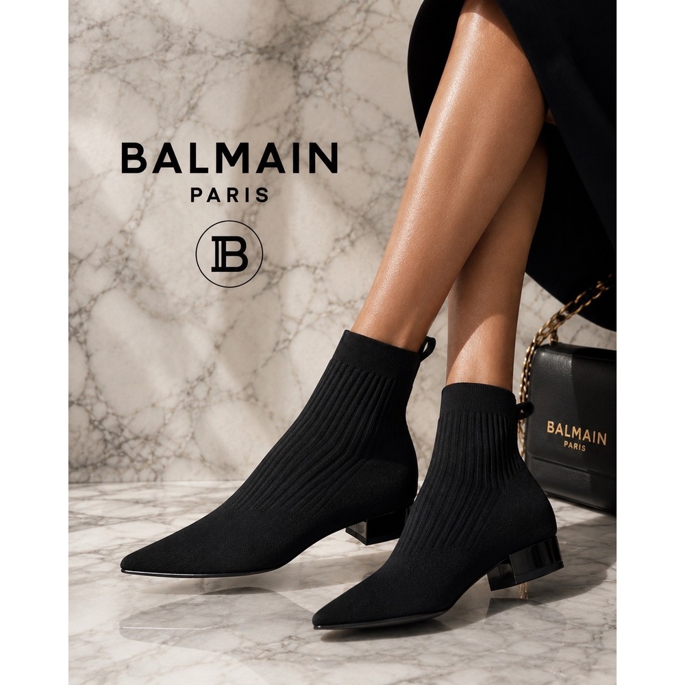 Balmain Paris Black Knit Sock Boots Pointed Toe Block Heel Size 41 Made Italy